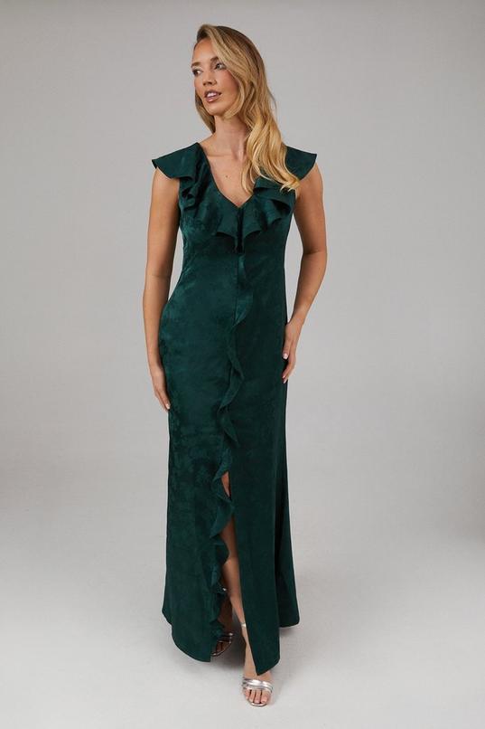 Satin Jacquard Ruffle V Neck Bridesmaid Dress by OASIS