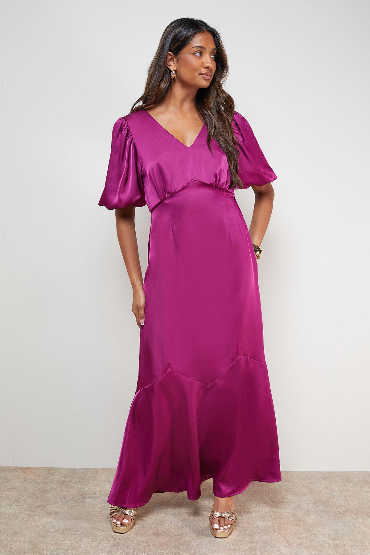 Satin Puff Sleeve V Neck Fishtail Maxi Dress by OASIS