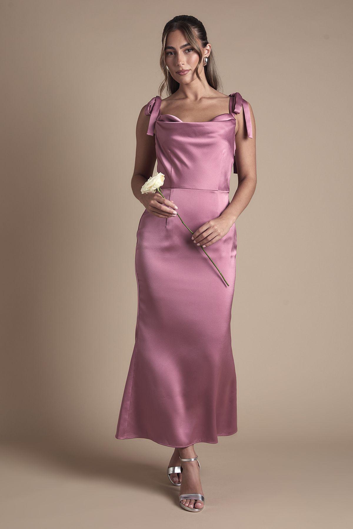 Satin Tie Shoulder Cowl Front Midi Bridesmaid Dress by OASIS