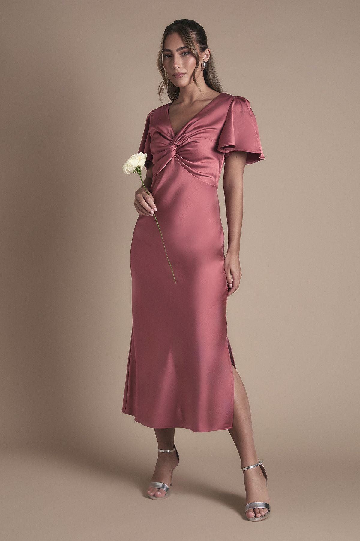 Satin Twist Front Angel Sleeve Midi Bridesmaid Dress by OASIS