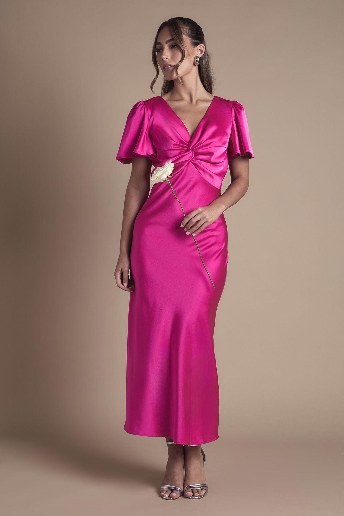 Satin Twist Front Angel Sleeve Midi Bridesmaid Dress by OASIS Satin Twist Front Angel Sleeve Midi Bridesmaid Dress by OASIS