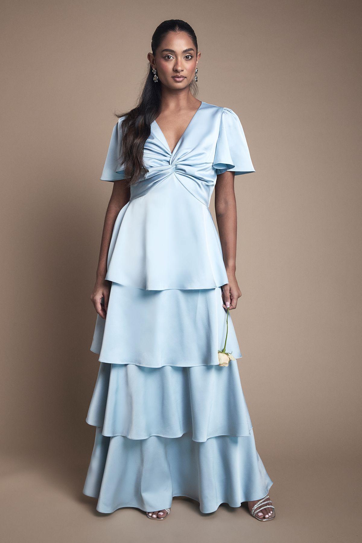 Satin Twist Front Tiered Bridesmaid Maxi Dress by OASIS