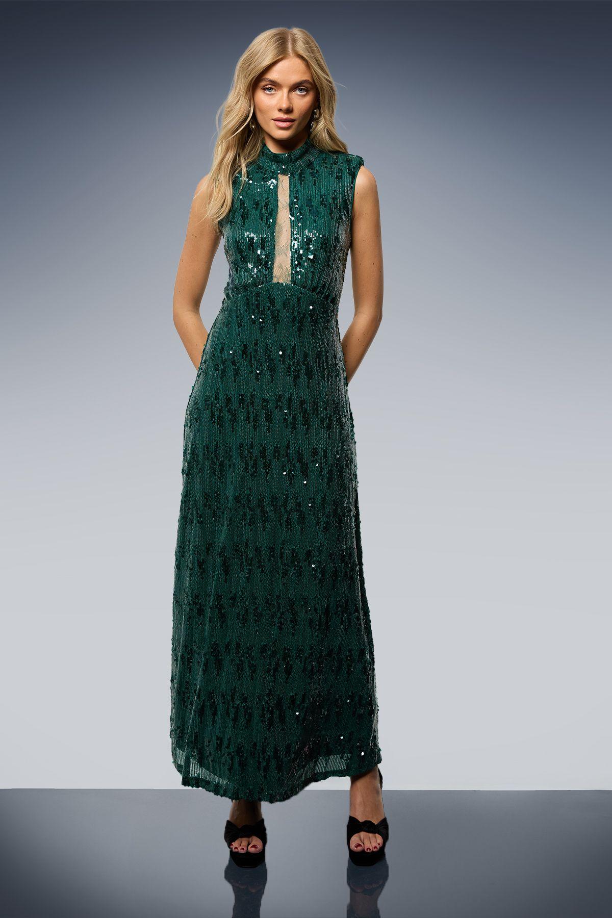 Sequin Lace Insert High Neck Shoulder Pad Midi Dress by OASIS