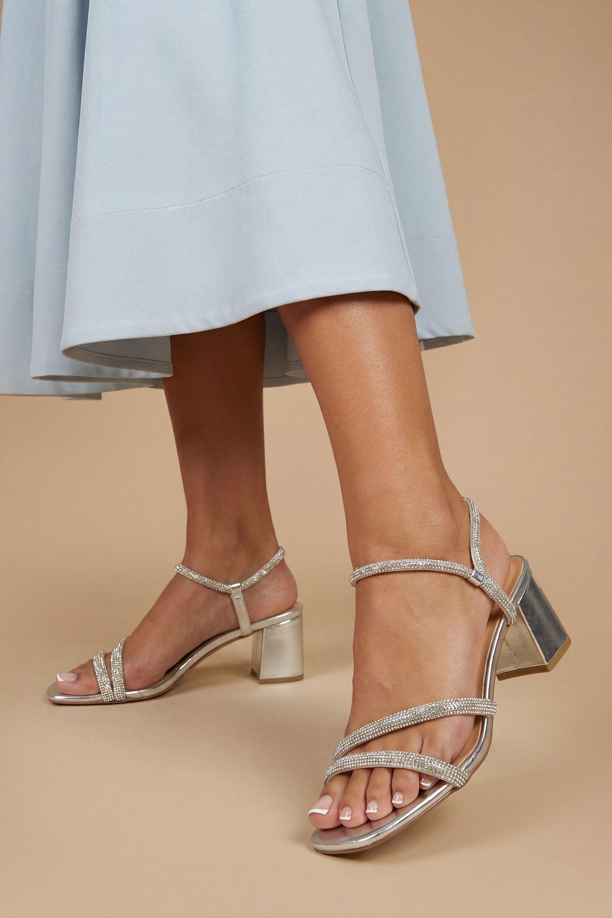 Solina Faux Metallic Leather Diamante Strap Medium Block Heel Sandals by OASIS