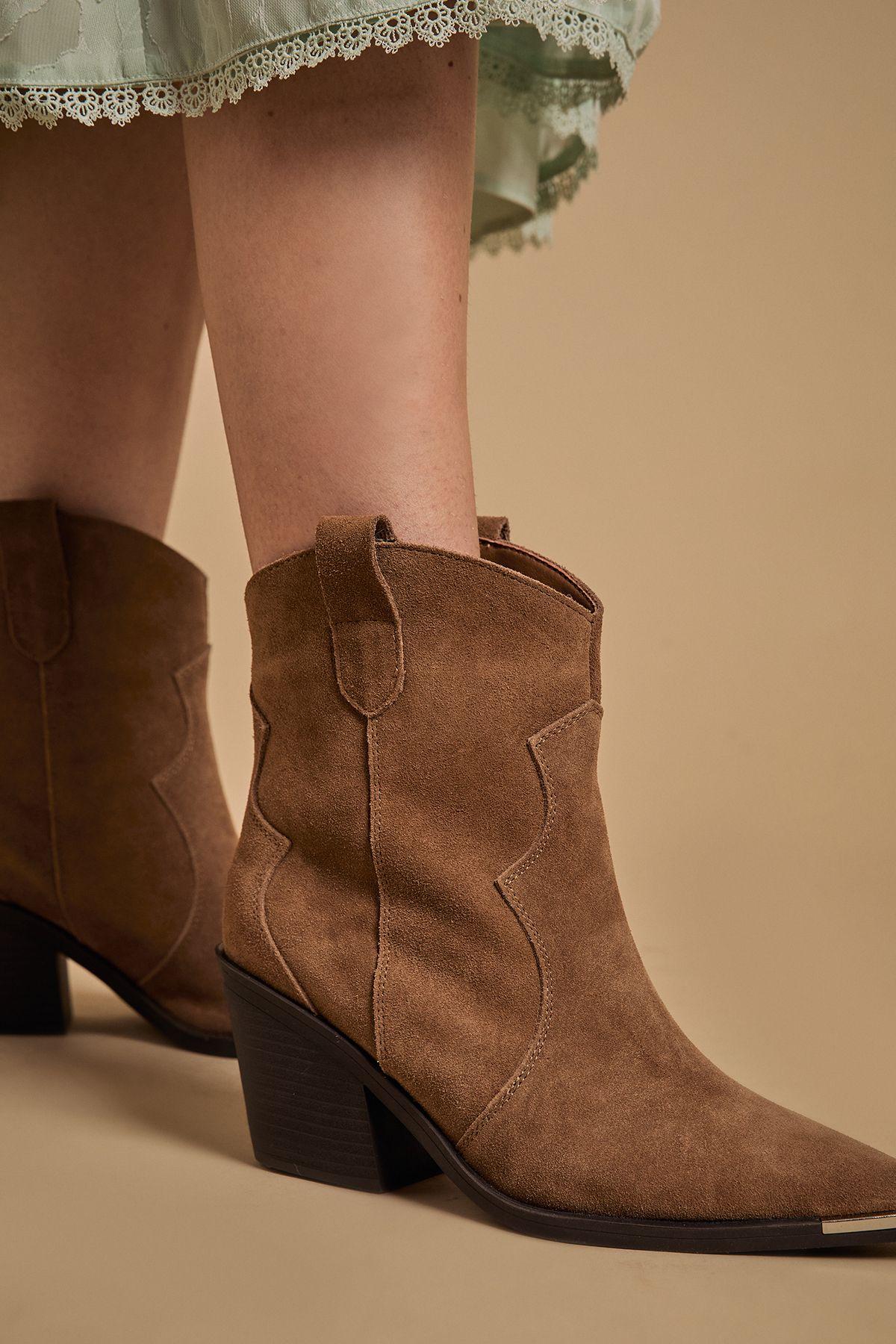 Tammy Real Suede Metal Trim Western Ankle Boots by OASIS
