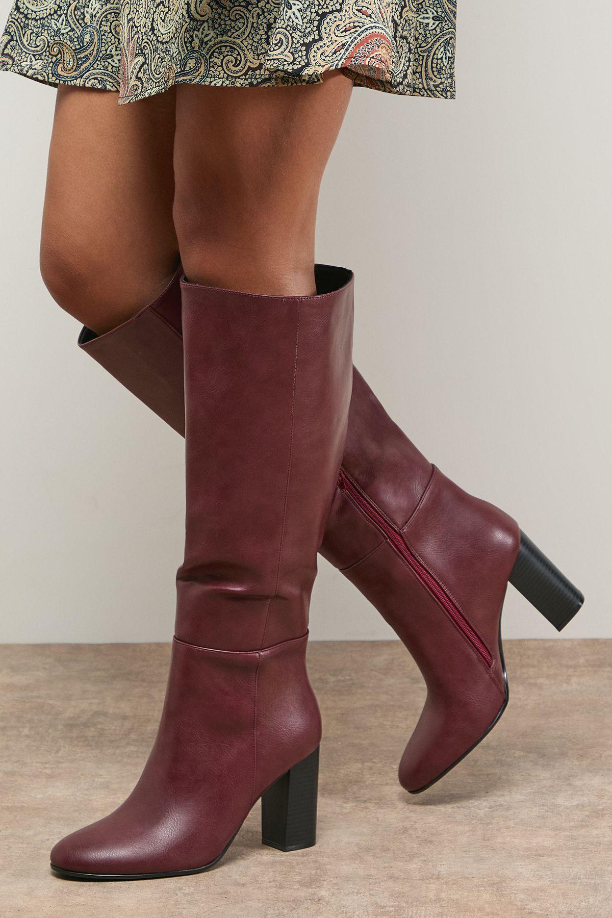 Tamsin Stacked Faux Leather High Block Heel Knee Boots by OASIS