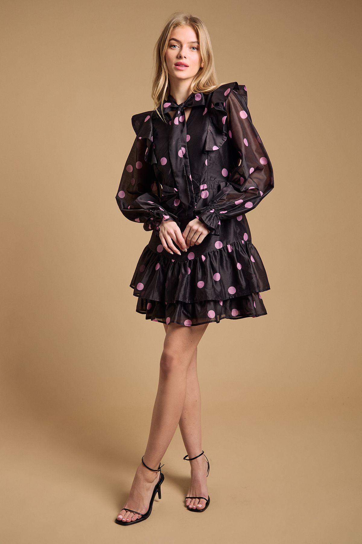 Tie Neck Ruffle Fit and Flare Mini Dress by OASIS