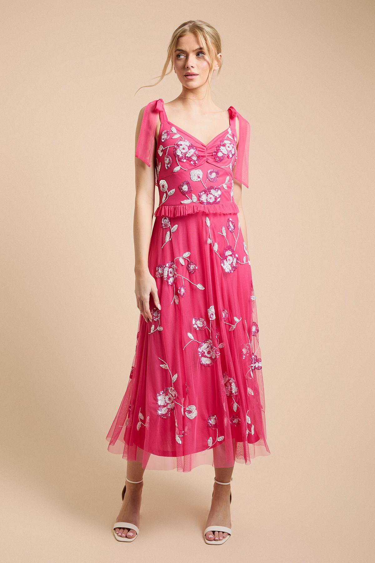 Tie Shoulder Floral Embellished Midaxi Dress by OASIS