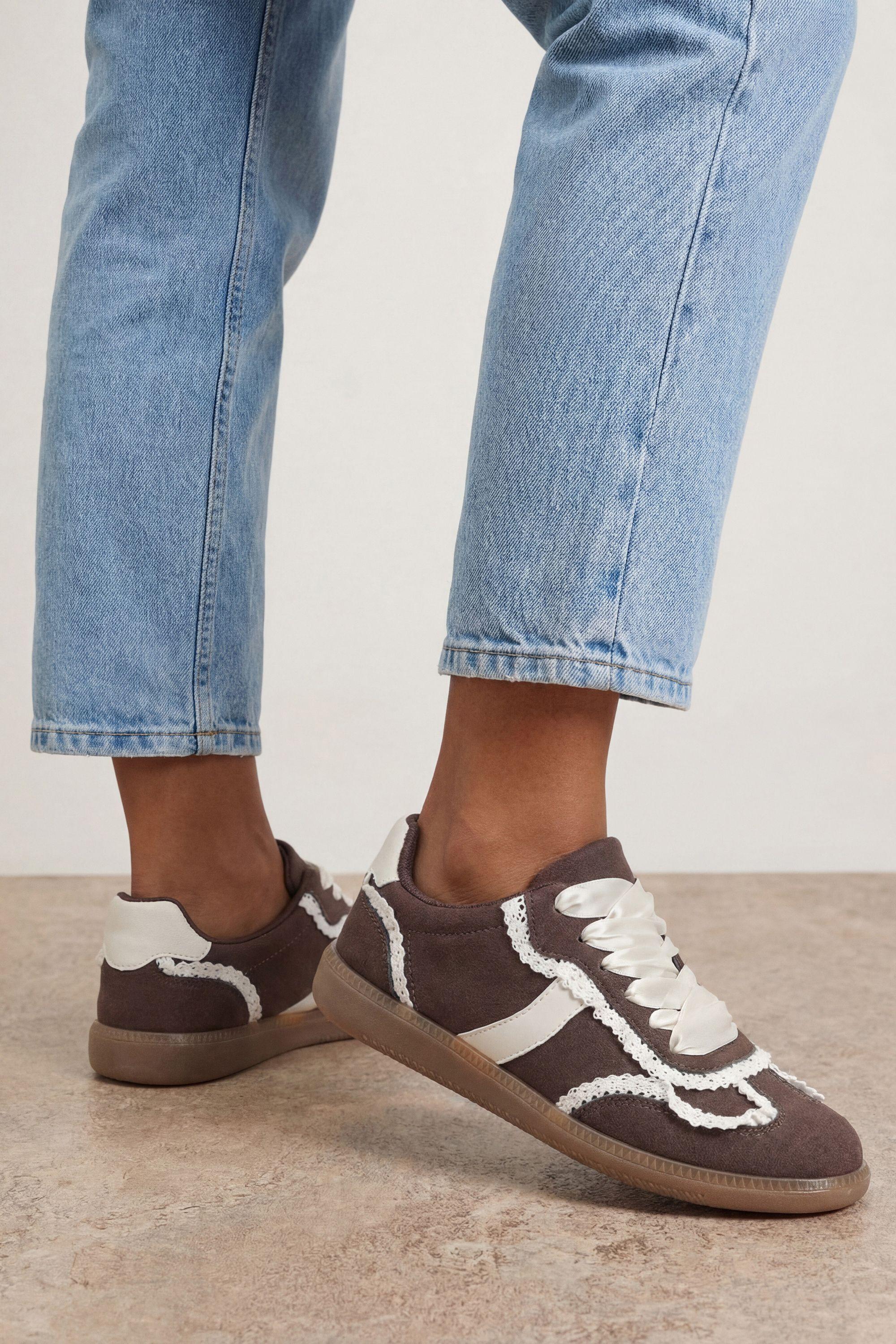 Tyler Faux Suede Lace Trim Detail Lace Up Trainers by OASIS