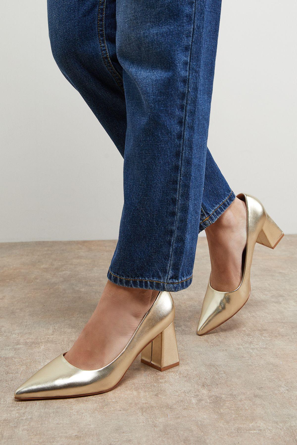 Val Faux Metallic Leather Pointed High Block Heel Courts by OASIS