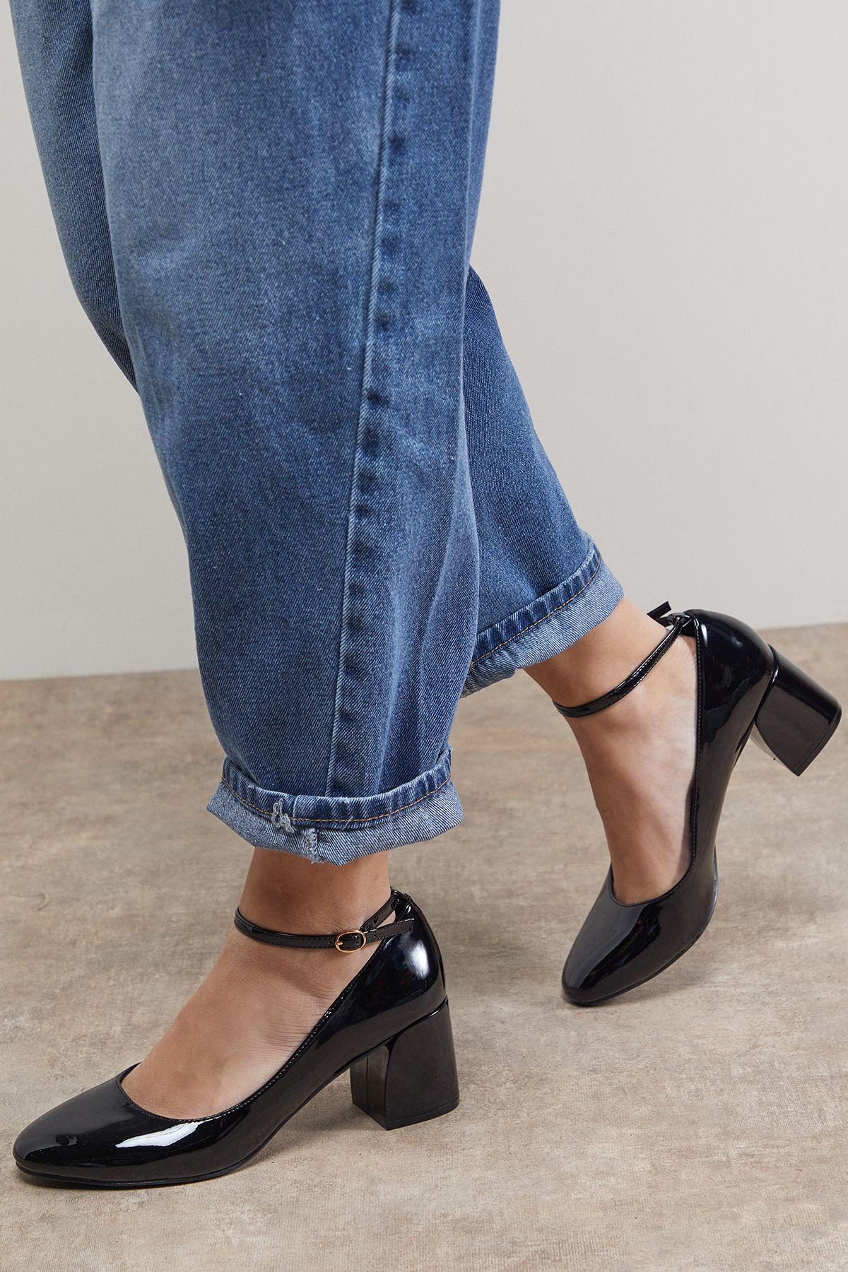 Venisha Faux Patent Leather Ankle Strap Medium Heel Court Shoes by OASIS