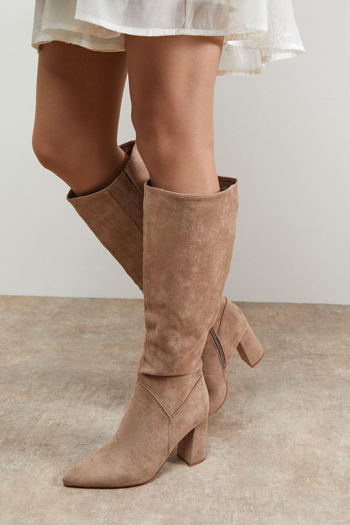 Wide Fit Jemima Faux Suede High Block Heel Pointed Knee Boots by OASIS