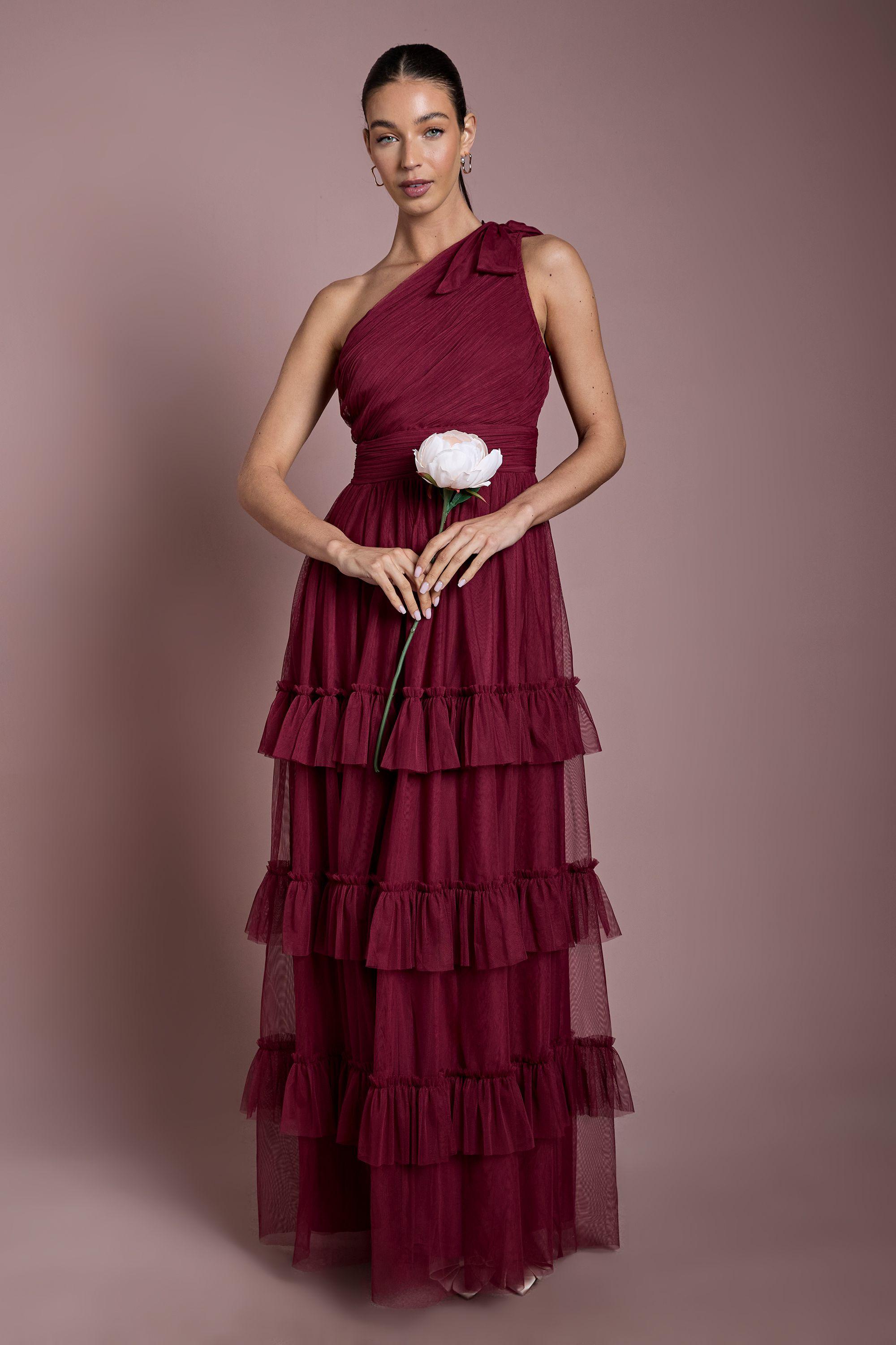 Wine Pleated Mesh One Shoulder Tiered Maxi Bridesmaid Maxi Dress by OASIS