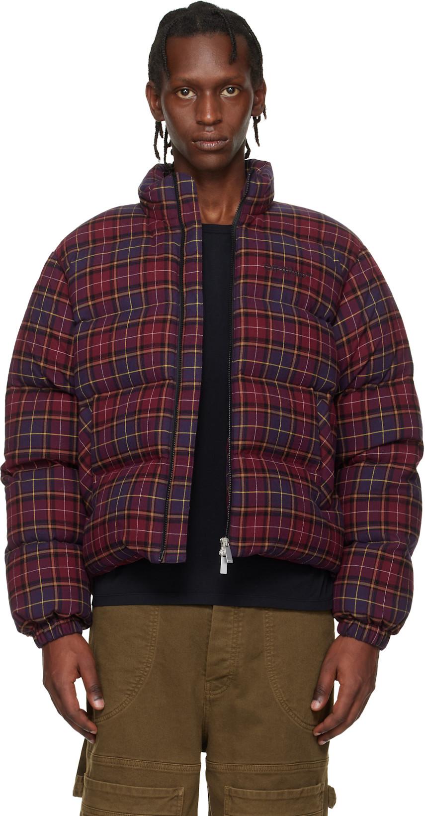 Burgundy Spray Arrow Check Flannel Down Jacket by OFF-WHITE