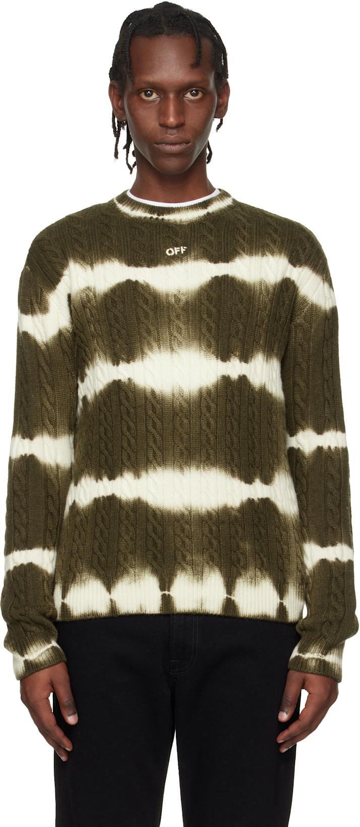 Khaki & White Off Stamp Cable Knit Crewneck Sweater by OFF-WHITE