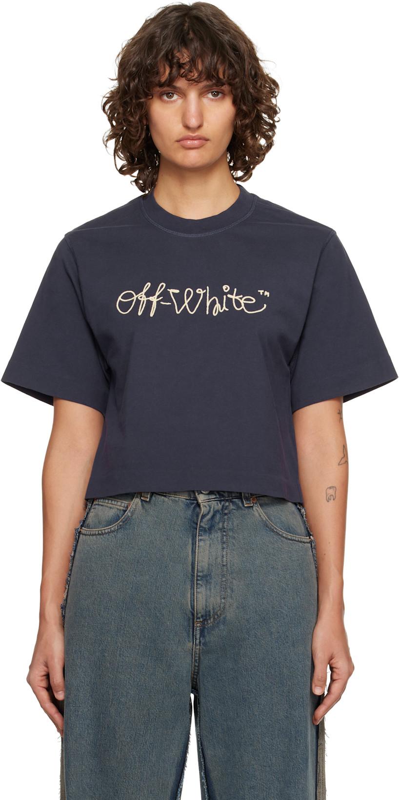 Navy Embroidered Script Logo Crop Logo T-shirt by OFF-WHITE