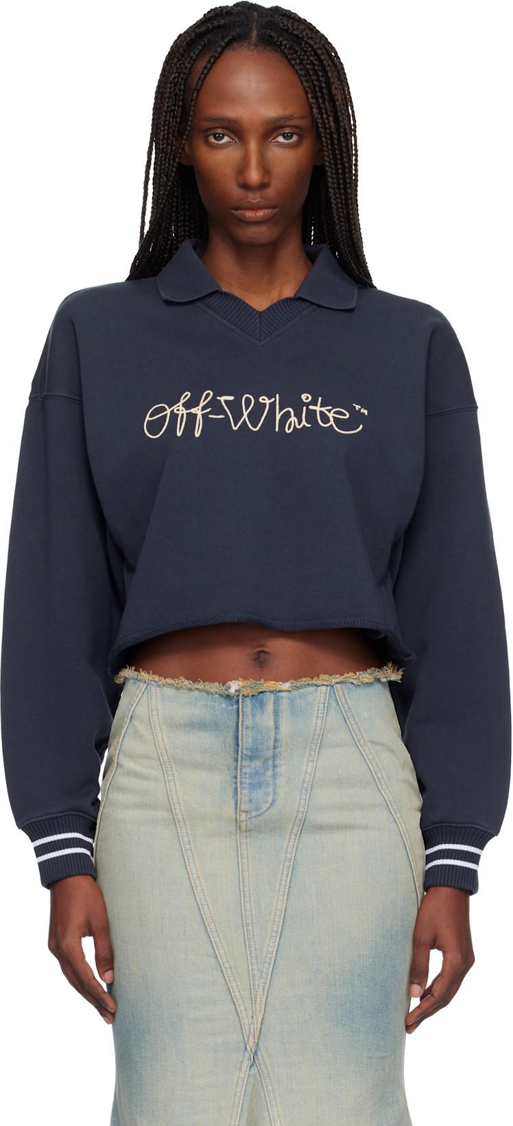 Navy Embroidered Script Polo Sweater by OFF-WHITE