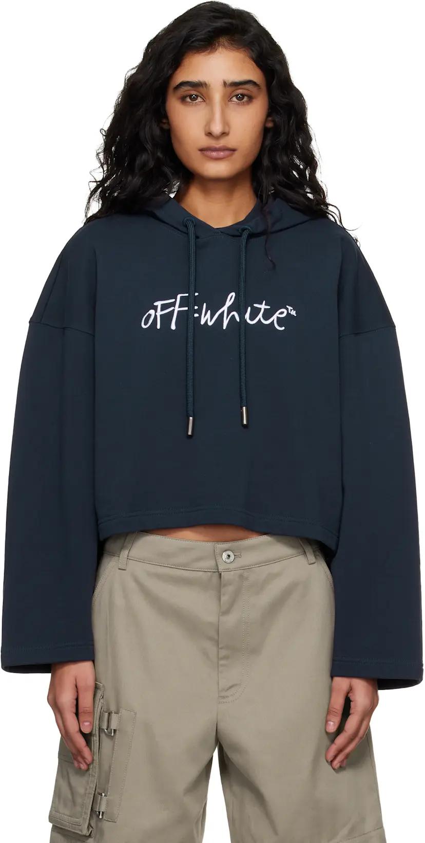 Navy 'OW' Embroidered Script Indust Hoodie by OFF-WHITE
