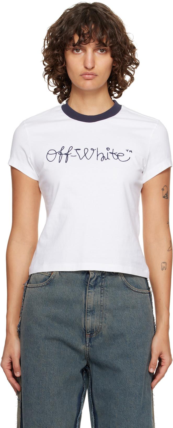 White Embroidered Script Logo Fitted T-shirt by OFF-WHITE