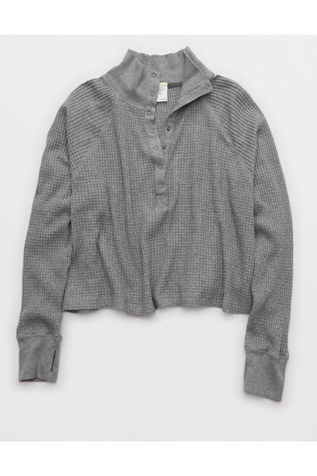 OFFLINE By Aerie Wow! Waffle Mockneck Henley Long Sleeve T-Shirt Women's Dark Heather Gray by OFFLINE