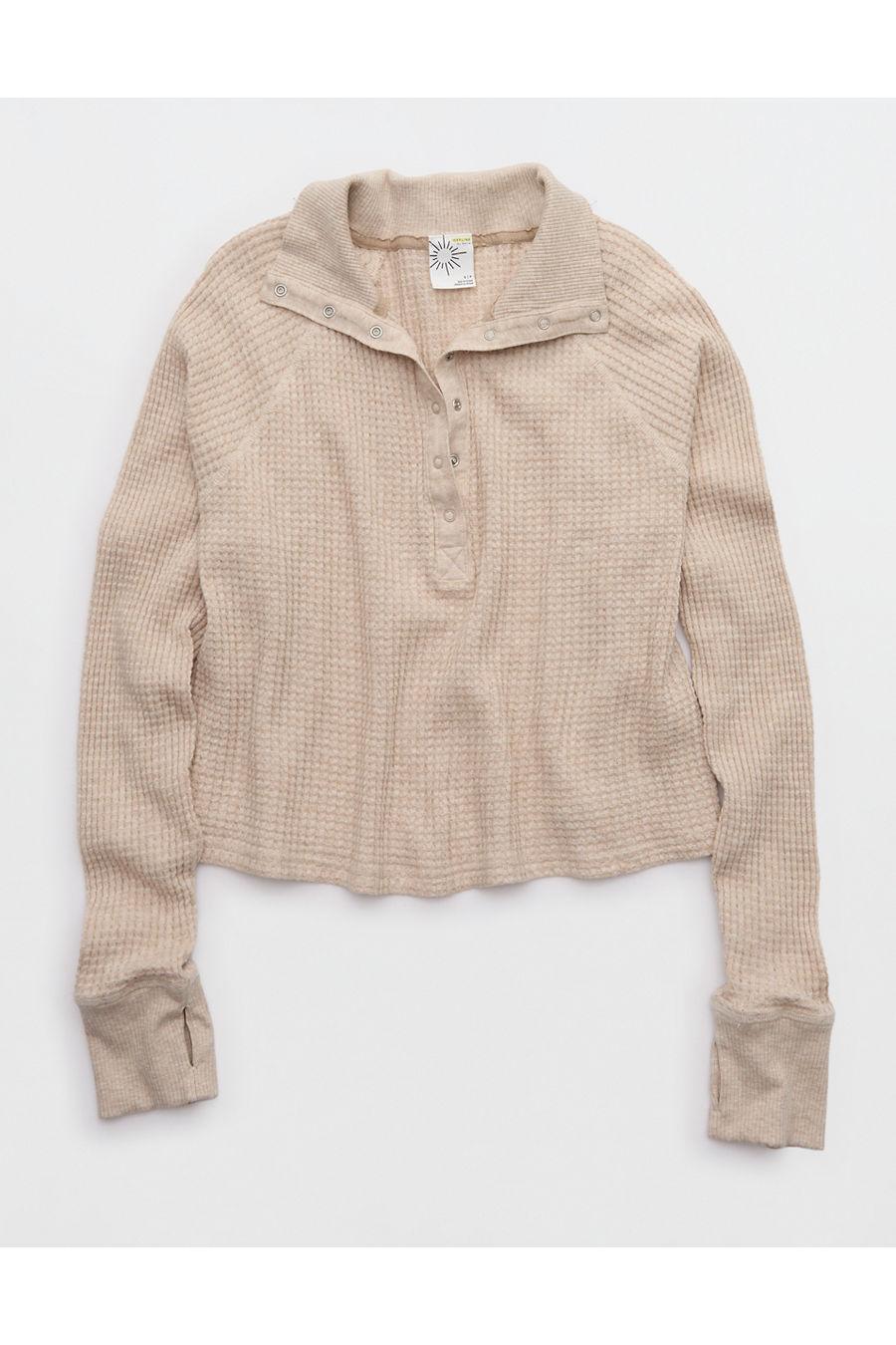 OFFLINE By Aerie Wow! Waffle Mockneck Henley Long Sleeve T-Shirt Women's Heather Fawn by OFFLINE