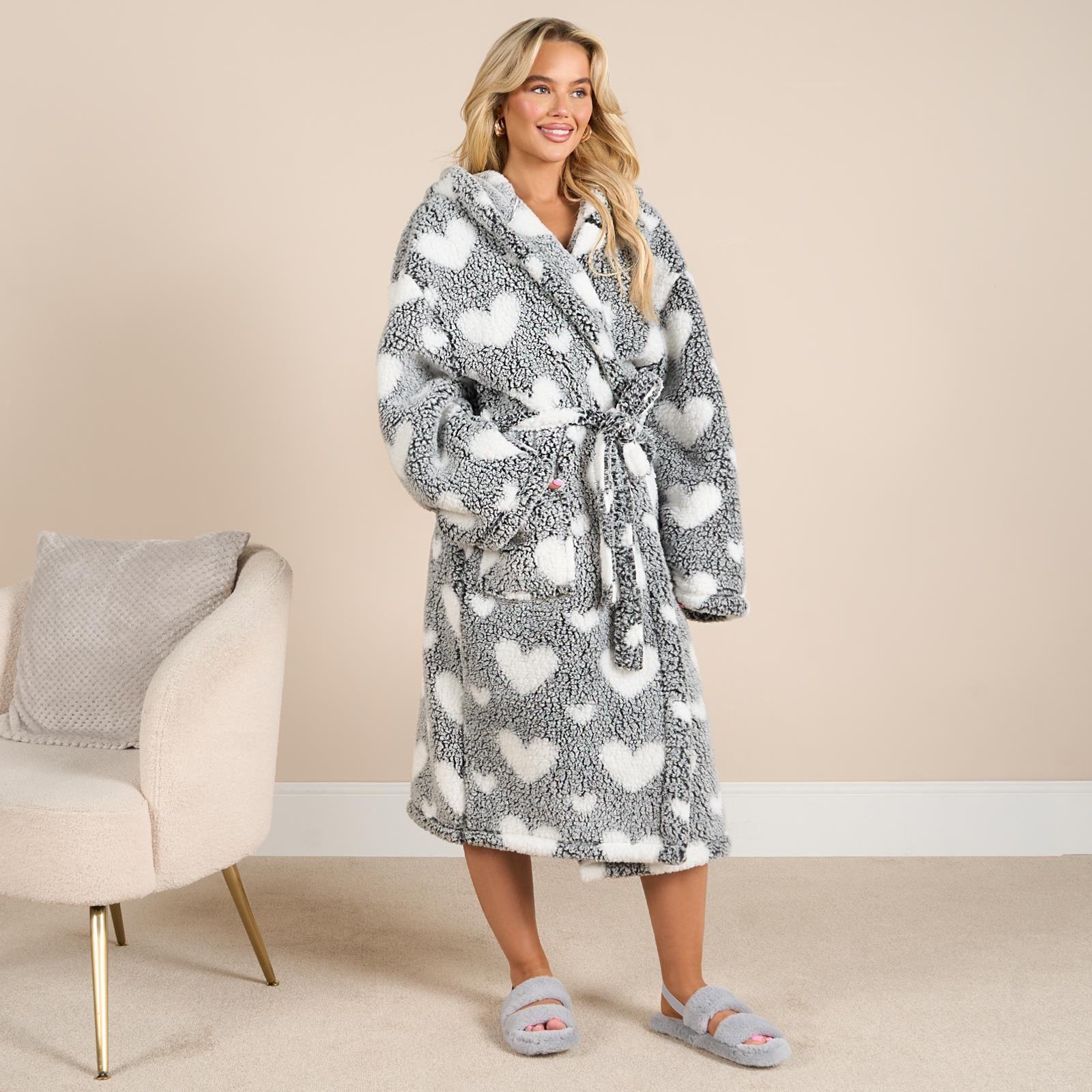 Teddy Dressing Gown Marl Heart Star Ladies Warm Soft Cosy Womens Longewear Robe by OHS