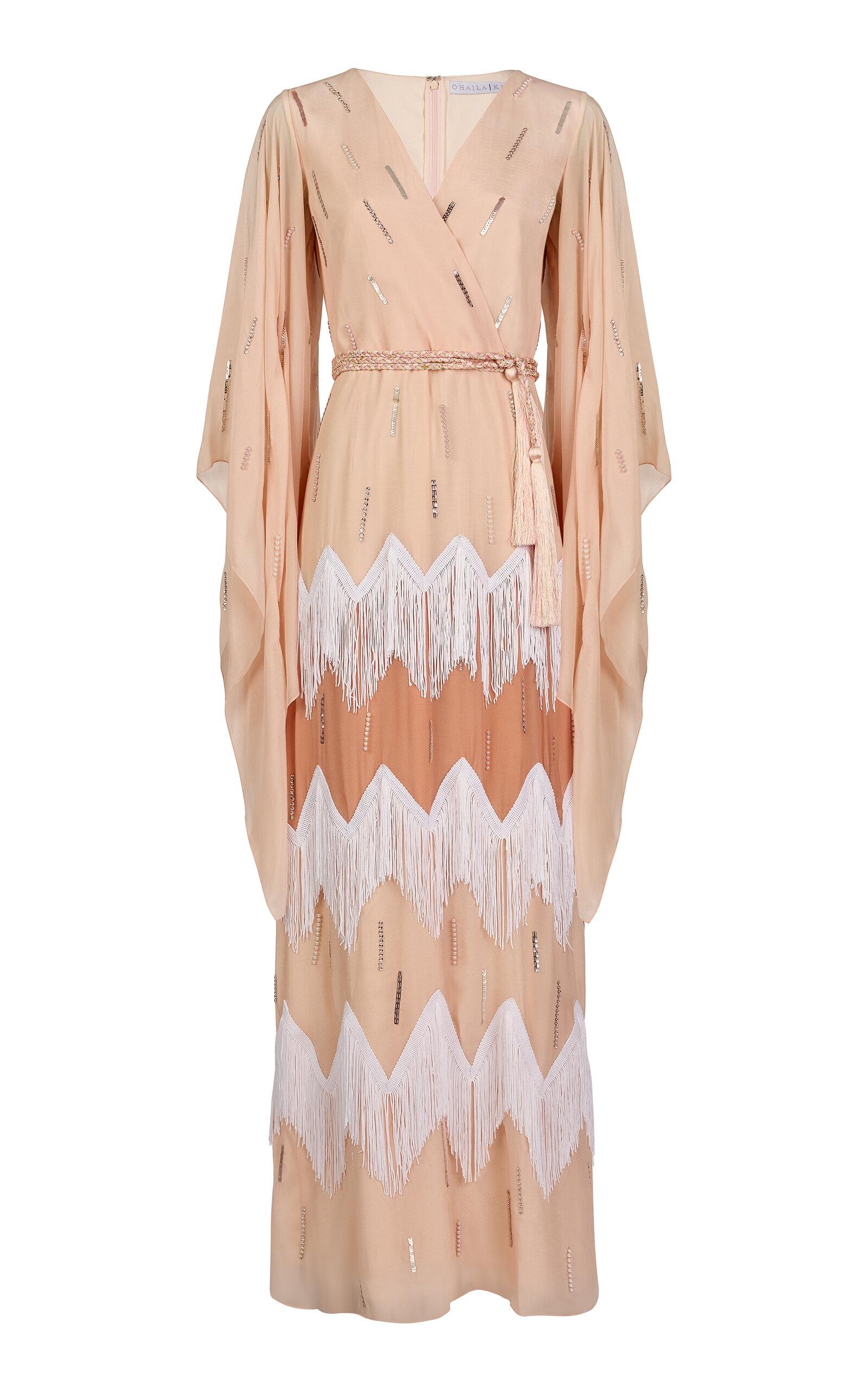 Ola by Ohaila Khan Fringe-Trimmed Embroidered Crepe Maxi Wrap Dress - Moda Operandi by OLA BY OHAILA KHAN
