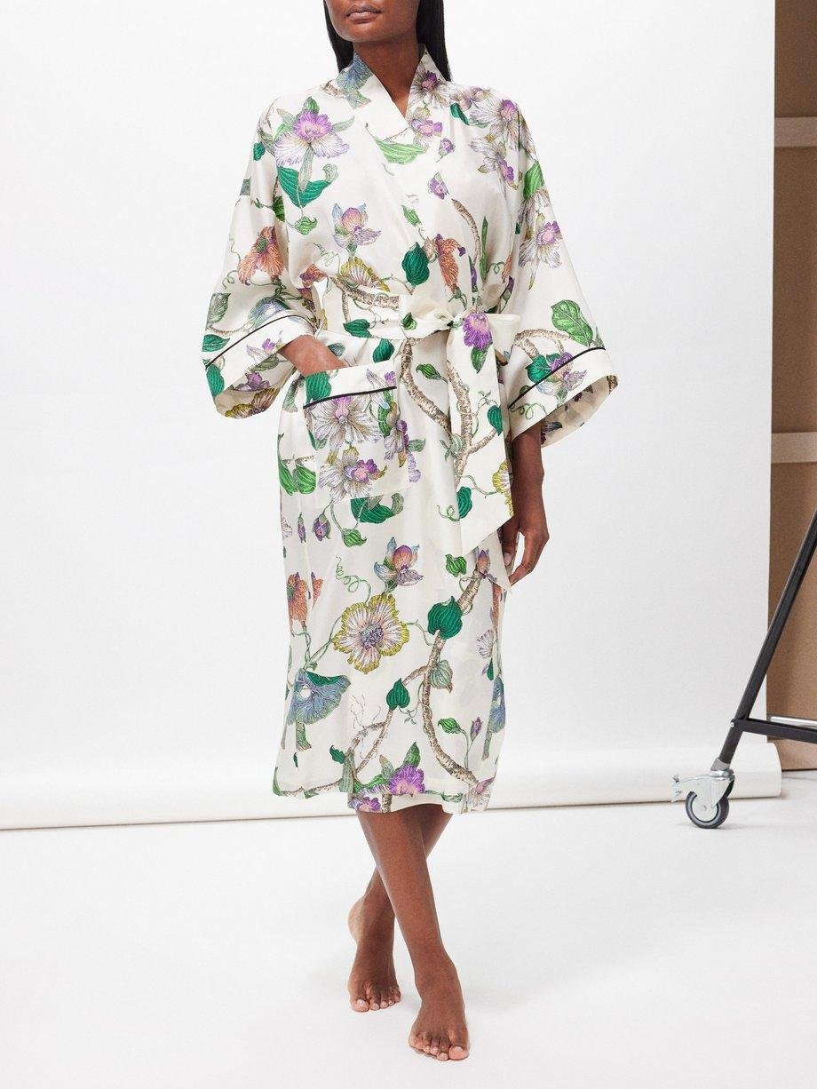 Sabine floral-print silk-twill robe by OLIVIA VON HALLE