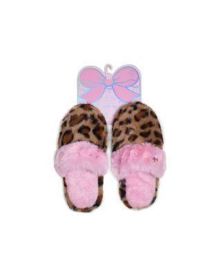 Girls' Leopard Print Gem Embellished Faux Fur Plush Slippers by OMG ACCESSORIES