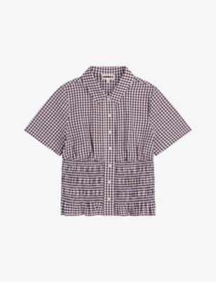 Merida Gingham Shirred-Panel Short-Sleeve Cotton Blouse by OMNES