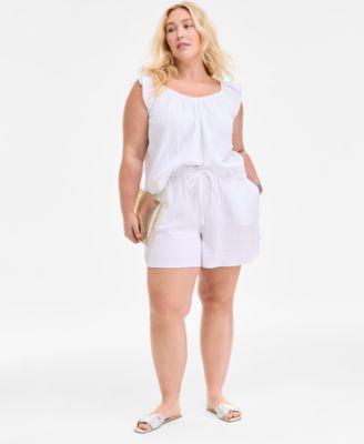 Plus Size Cotton Gauze Drawstring Curved Shorts, Exclusively at Macy's by ON 34TH Plus Size Cotton Gauze Drawstring Curved Shorts, Exclusively at Macy's by ON 34TH