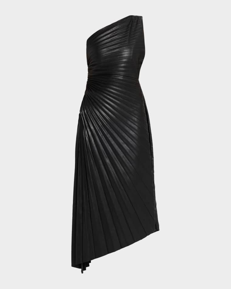 Asymmetric Pleated Faux Leather Midi Dress by ONE33 SOCIAL