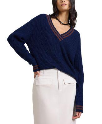 Deep V-neck Varsity Pullover Sweater by ONIA