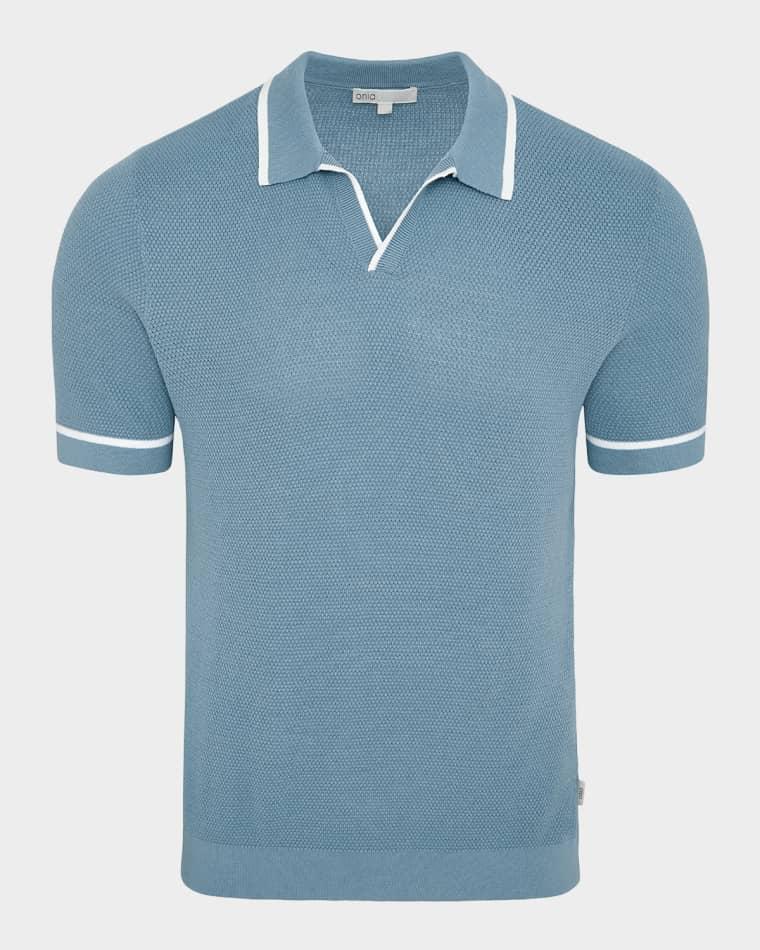 Men's Tipped Linen Knit Johnny Collar Polo Shirt by ONIA