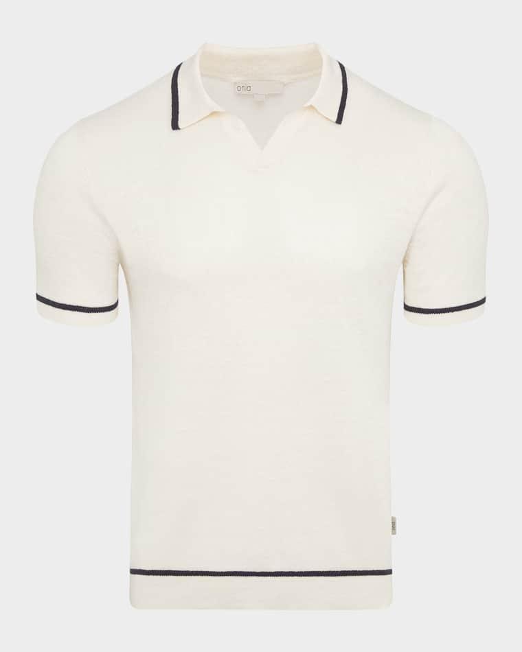Men's Tipped Linen Knit Johnny Collar Polo Shirt by ONIA