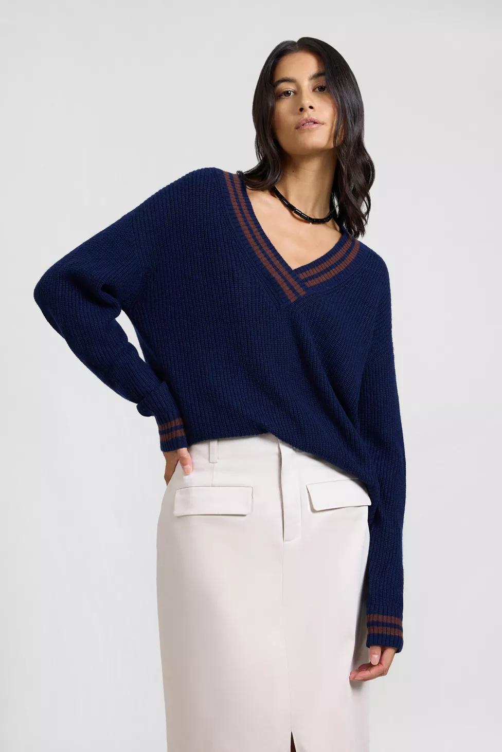Onia Deep V-neck Varsity Pullover Sweater by ONIA