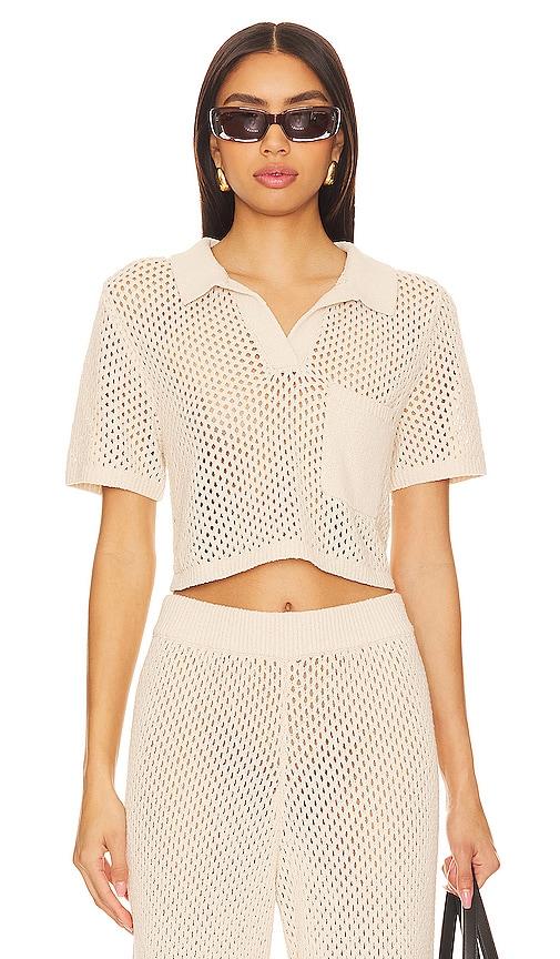 onia Crochet Cropped Polo Top in Beige by ONIA