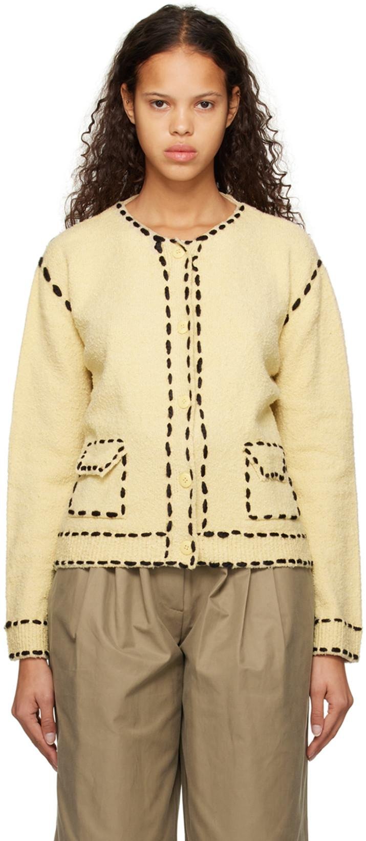 Beige Contrast Stitched Cardigan by OPEN YY