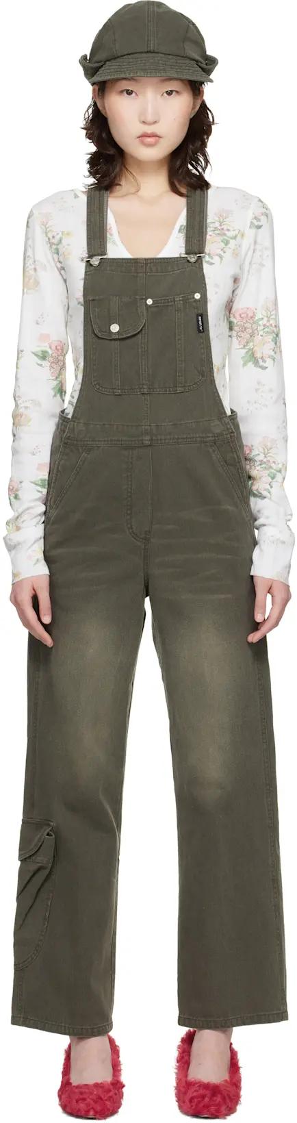 Brown Cargo Pocket Cotton Overalls by OPEN YY