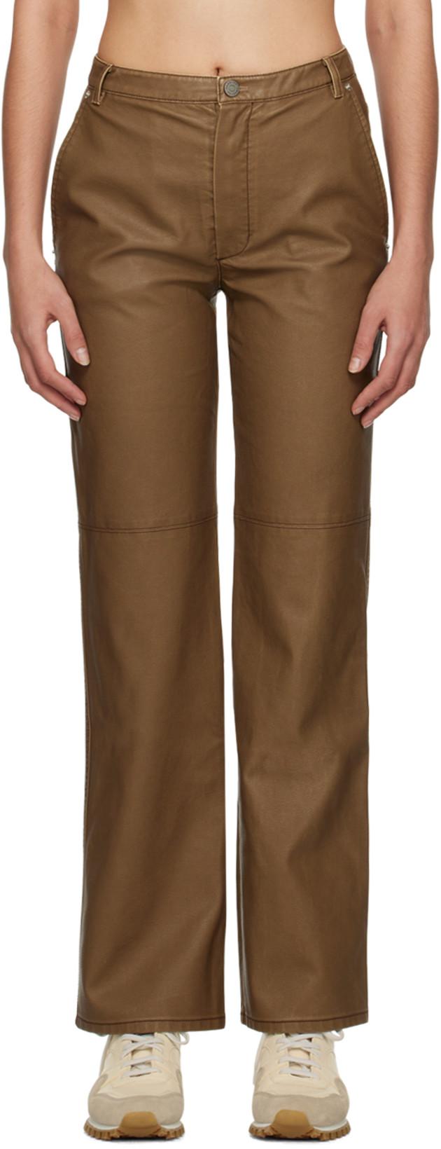 Brown Straight-Leg Faux-Leather Trousers by OPEN YY