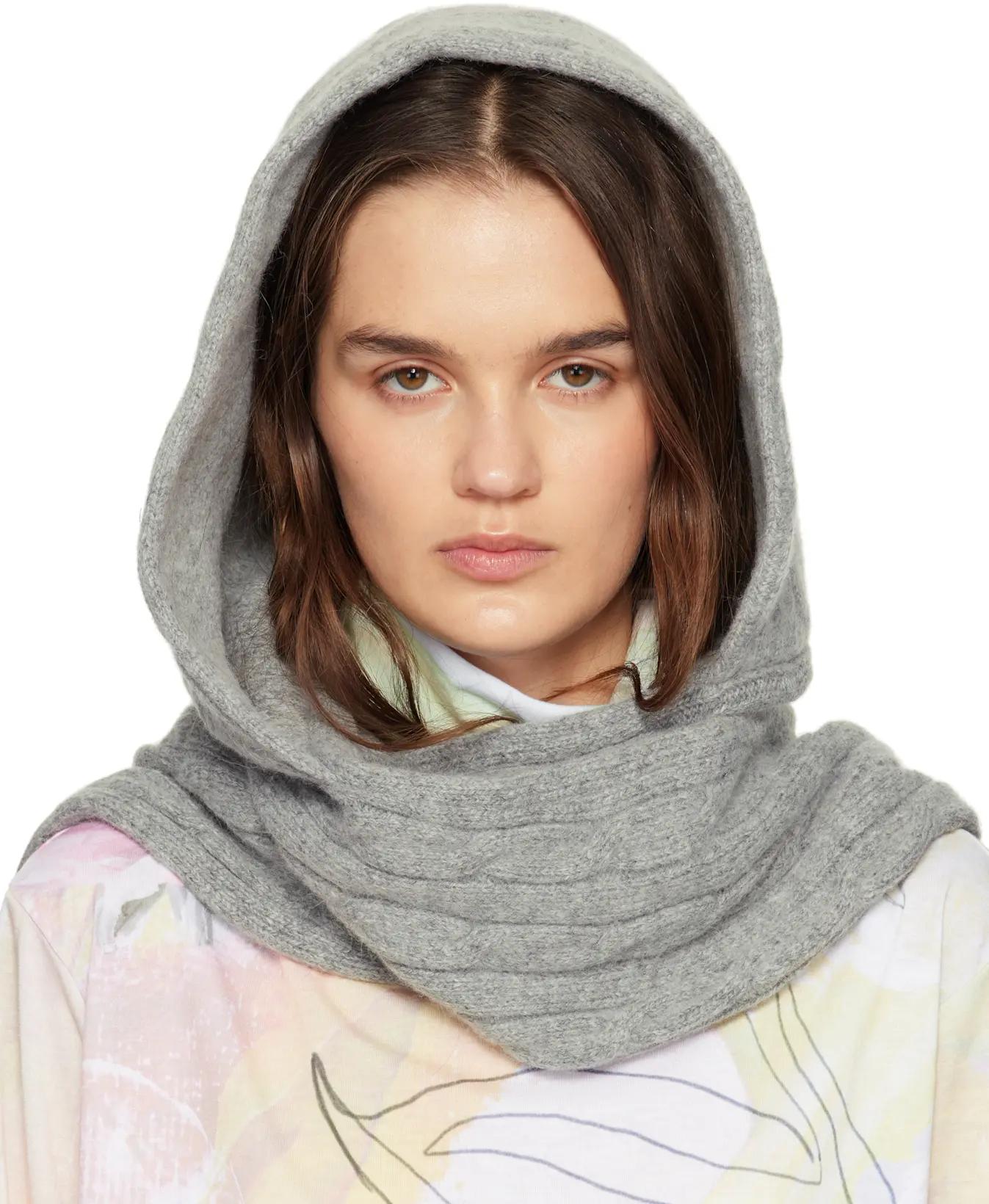 Gray Convertible Cable Knit Hooded Scarf by OPEN YY