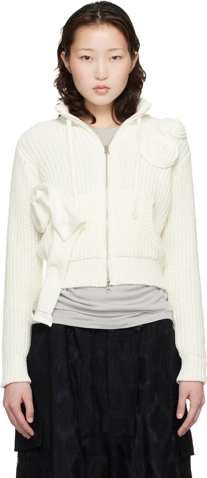 Off-White Applique Knit Zipup Sweater by OPEN YY