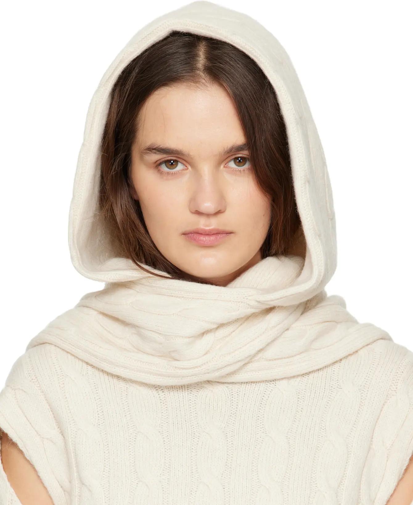 Off-White Convertible Cable Knit Hooded Scarf by OPEN YY