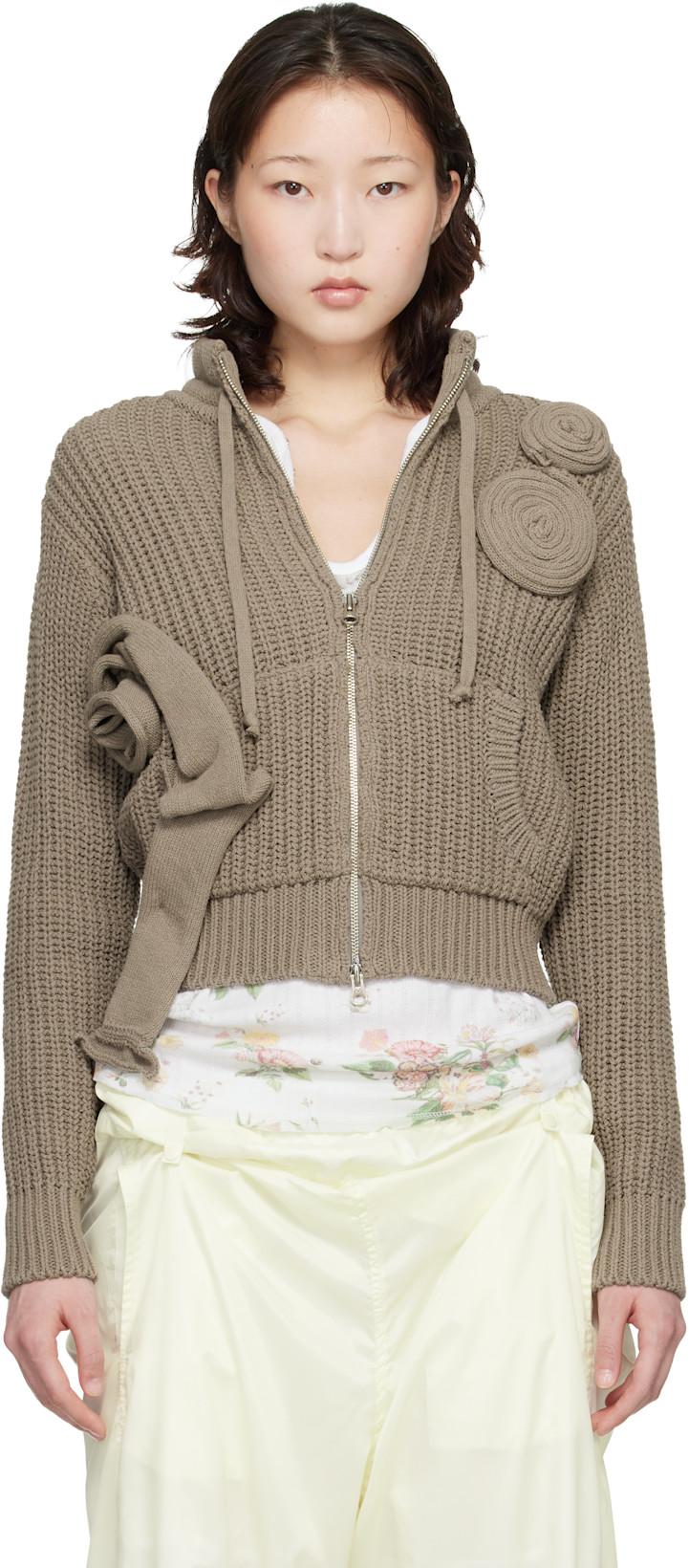 Taupe Applique Knit Zipup Sweater by OPEN YY