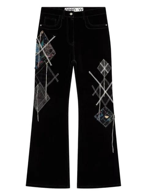argyle-patched bootcut trousers by OPEN YY