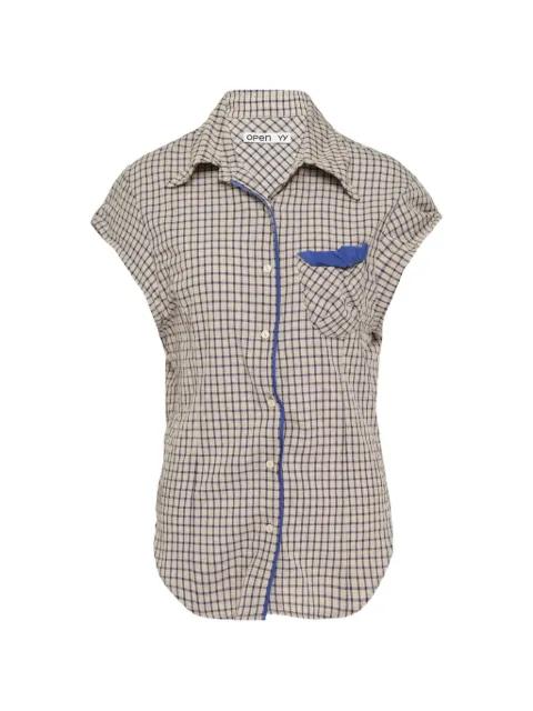 check-pattern contrast-trim shirt by OPEN YY