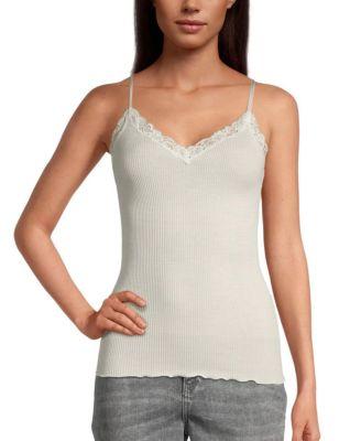 Ribbed Wool & Silk V-Neck Camisole with Lace Trim by OSCALITO
