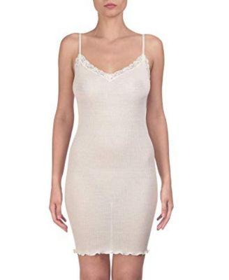 Ribbed Wool & Silk V-Neck Chemise Nightgown with Lace Trim by OSCALITO