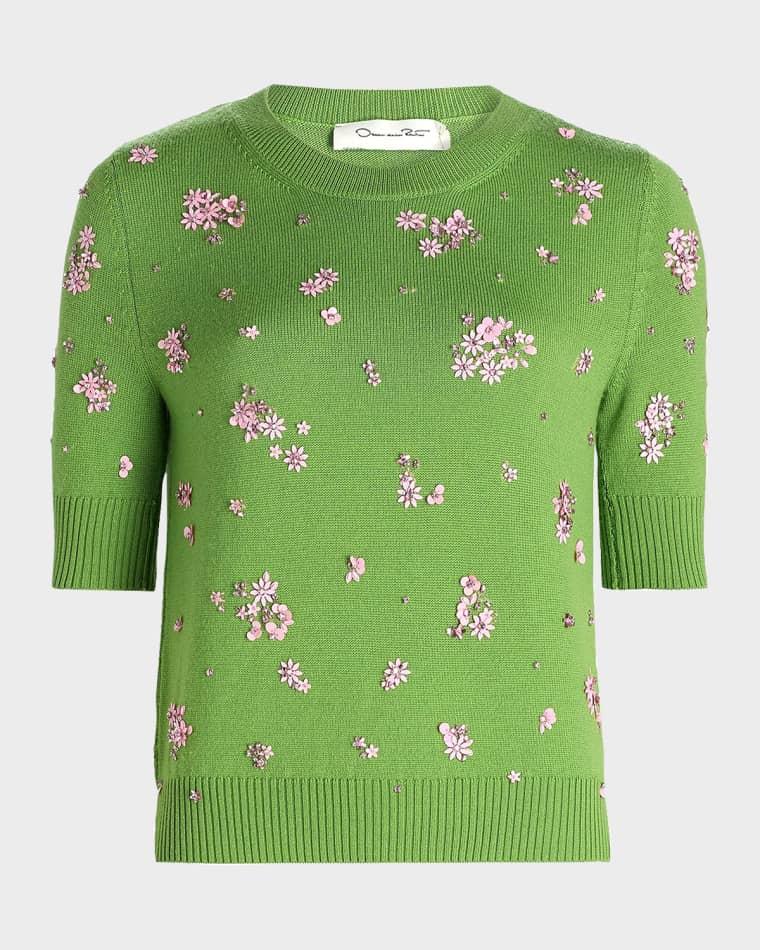 Cluster Embroidered Wool Short-Sleeve Sweater by OSCAR DE LA RENTA