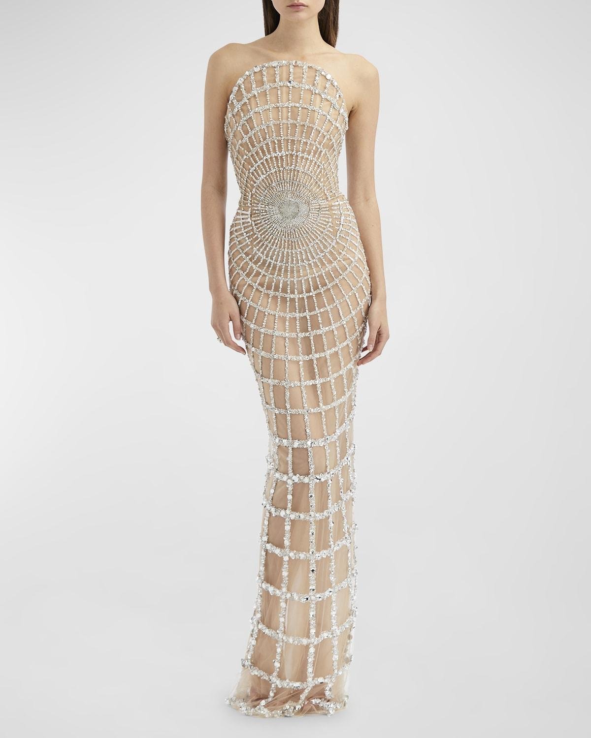 Crystal Grid Strapless Column Gown by OSCAR DE LA RENTA